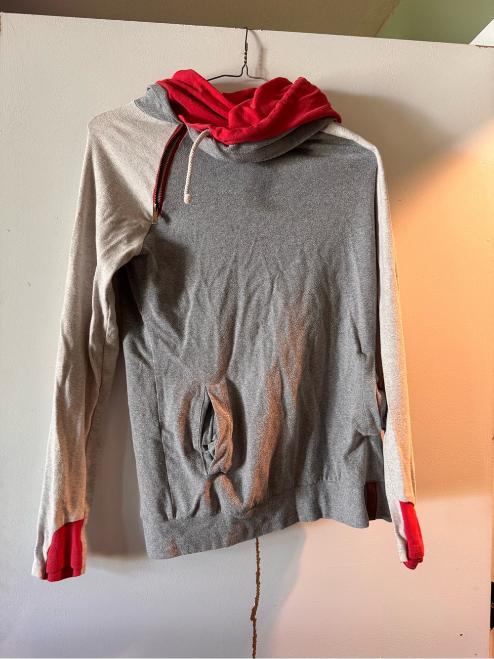 Two-Tone Gray Hoodie with Red Hood